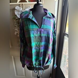 Vintage 90s Paris Sports Club colorful plaid hooded cotton pullover, one size
